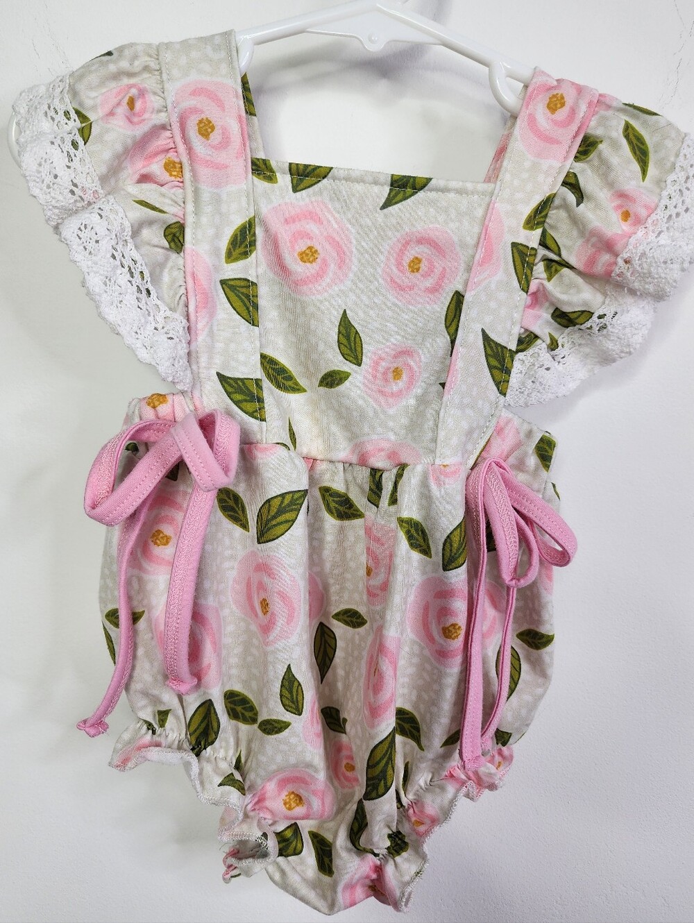 Pink Floral Baby Romper with Lace Ruffles, 12m